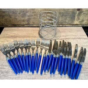 Gibson Stainless Steel Flatware Set Colbalt Handles 22 Pieces W/ Caddy